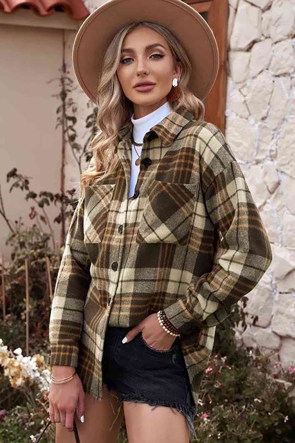 Plaid Collared Neck Button Up Jacket with Pockets BLUE ZONE PLANET