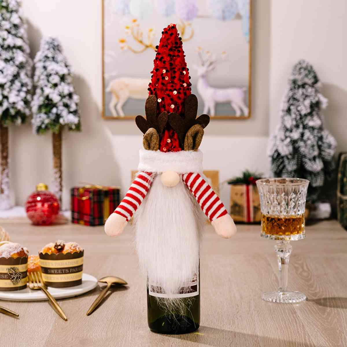 Sequin Pointed Hat Faceless Gnome Wine Bottle Cover BLUE ZONE PLANET