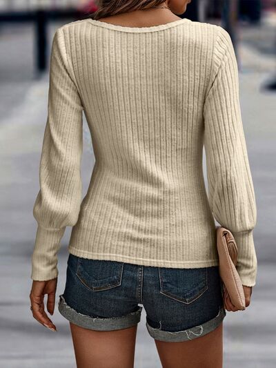 Ribbed Round Neck Lantern Sleeve Knit Top BLUE ZONE PLANET