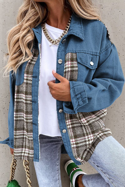 Blue Zone Planet | Plaid Pocketed Button Up Denim Jacket BLUE ZONE PLANET