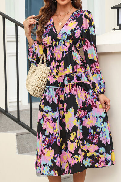 Blue Zone Planet | Printed V-Neck Balloon Sleeve Dress BLUE ZONE PLANET