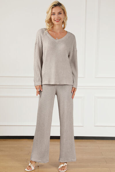 Blue Zone Planet | Ribbed V-Neck Top and Pants Lounge Set BLUE ZONE PLANET