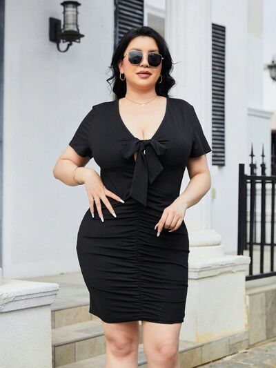 Blue Zone Planet | Plus Size Ruched Tied Short Sleeve Mini Dress BLUE ZONE PLANET
