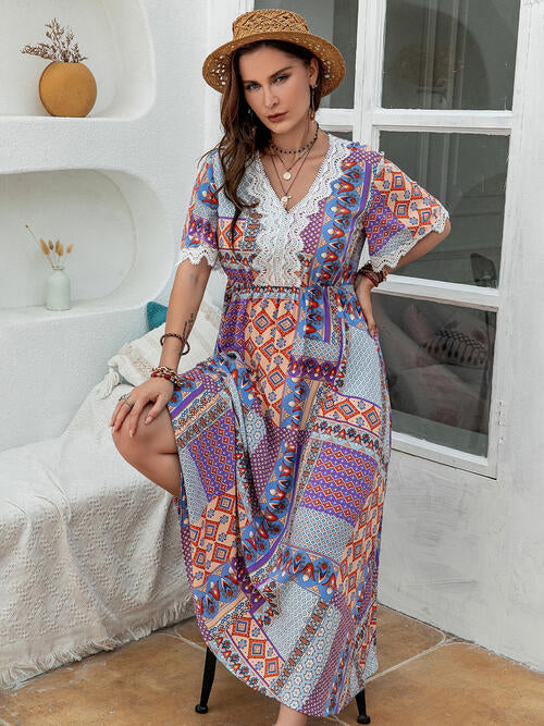 Double Take Plus Size Printed Lace Detail Short Sleeve Dress BLUE ZONE PLANET