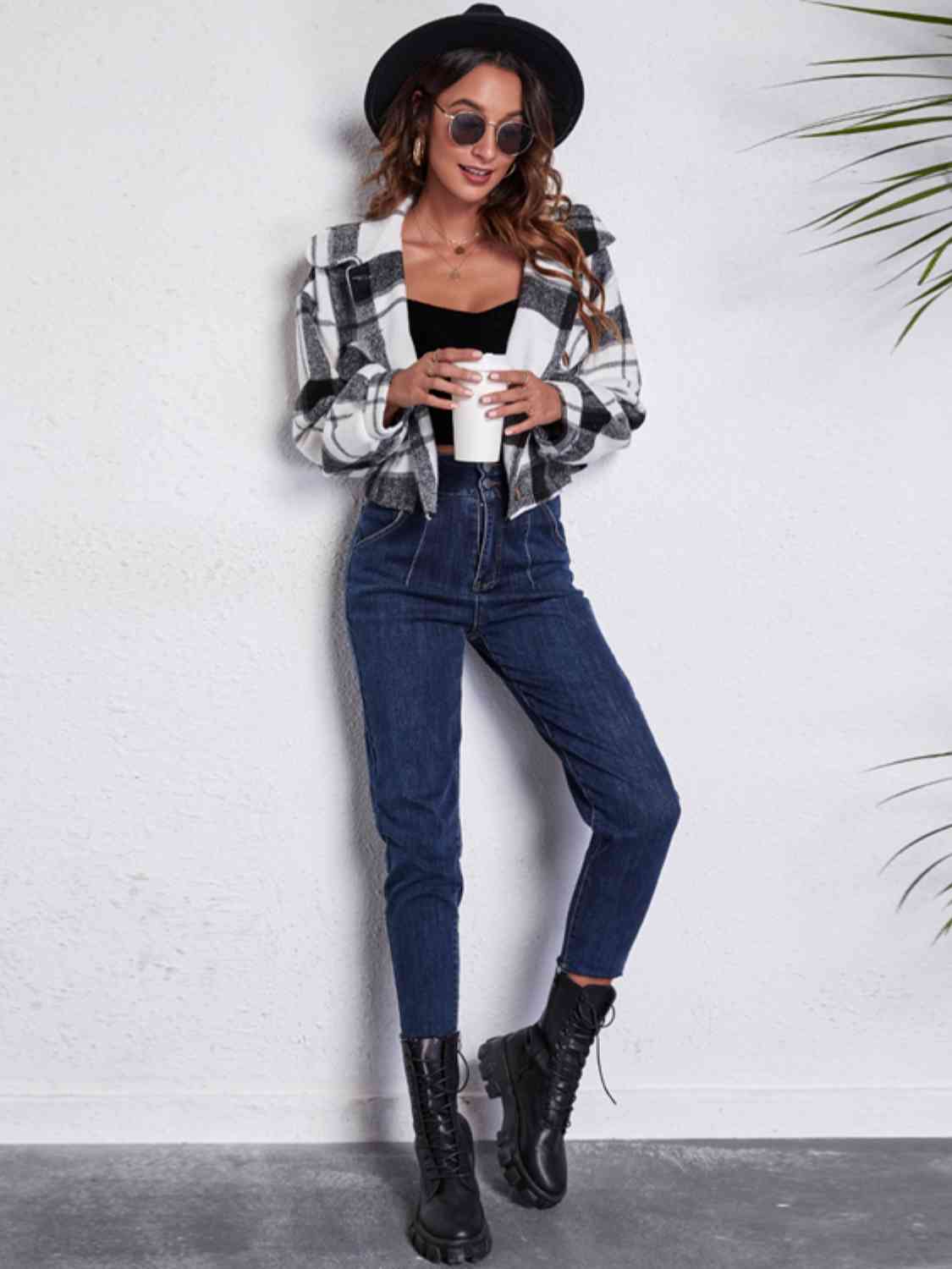 Plaid Button Front Jacket with Pockets BLUE ZONE PLANET