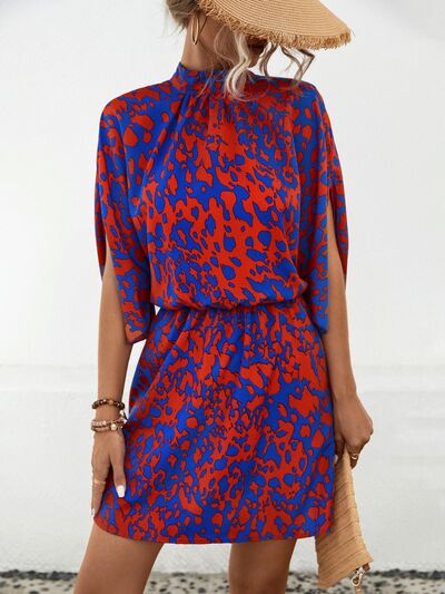 Blue Zone Planet | Tied Printed Mock Neck Mini Dress BLUE ZONE PLANET