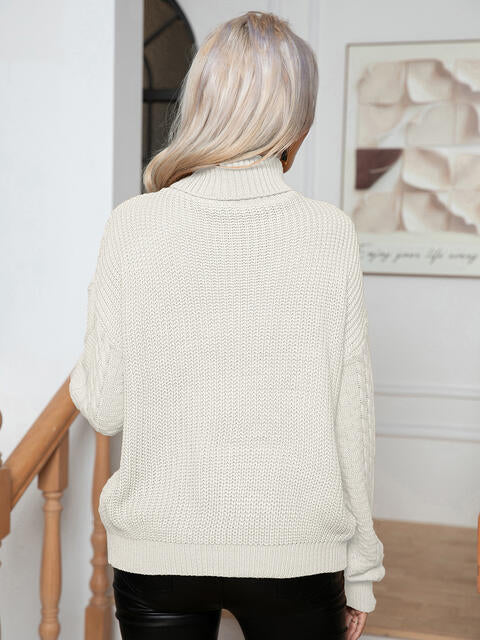 Turtleneck Cable-Knit Long Sleeve Sweater BLUE ZONE PLANET