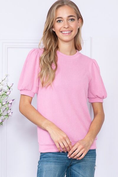 Reborn J Ribbed Round Neck Short Sleeve Top BLUE ZONE PLANET