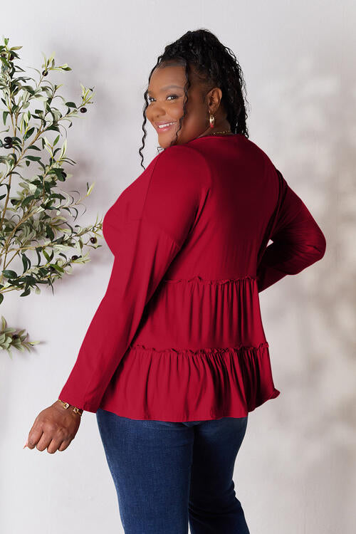 Double Take Half Button Long Sleeve Ruffle Hem Blouse BLUE ZONE PLANET