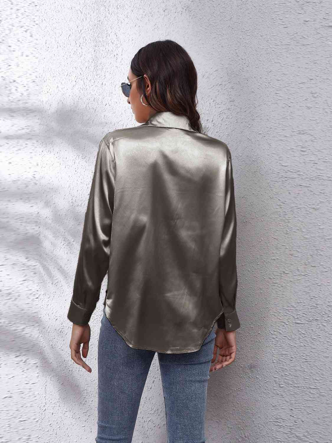 Collared Neck Buttoned Long Sleeve Shirt BLUE ZONE PLANET