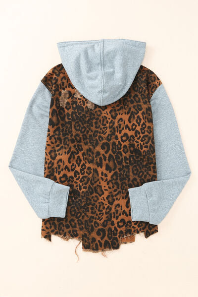 Blue Zone Planet | Leopard Distressed Drawstring Hooded Denim Jacket BLUE ZONE PLANET