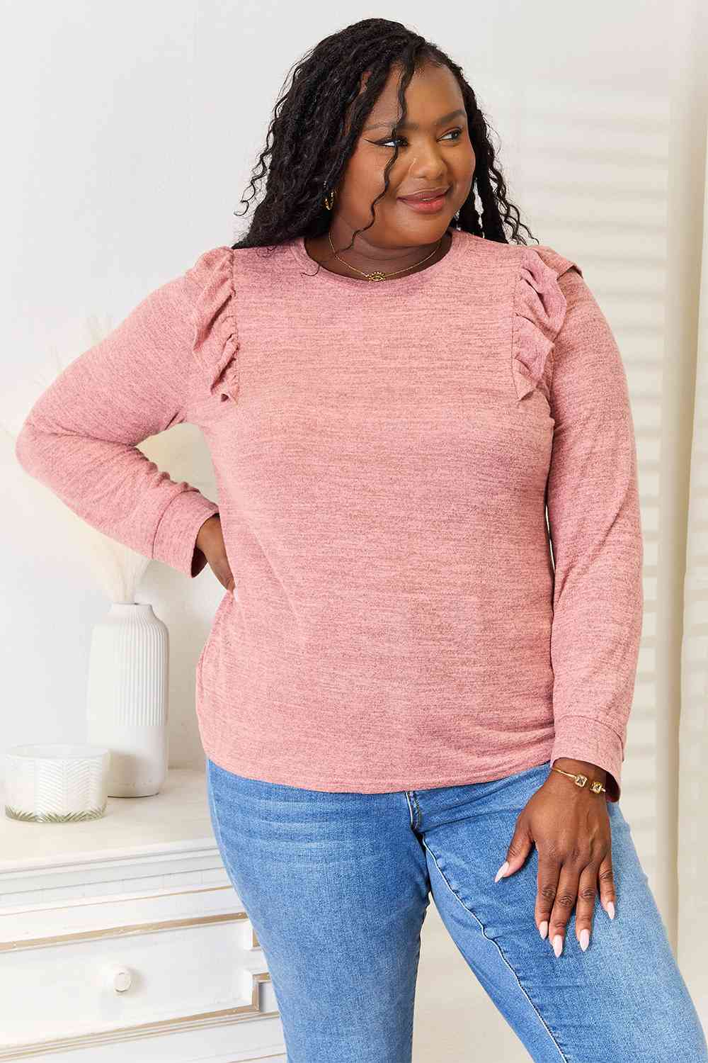 Double Take Ruffle Shoulder Long Sleeve T-Shirt BLUE ZONE PLANET