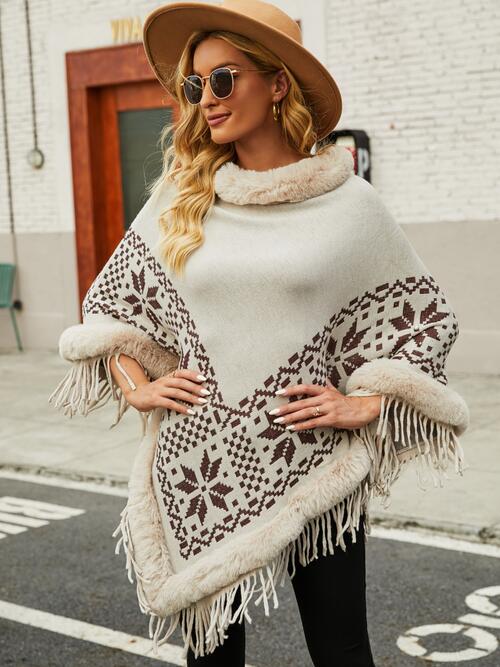 Fringe Geometric Cape Sleeve Poncho BLUE ZONE PLANET