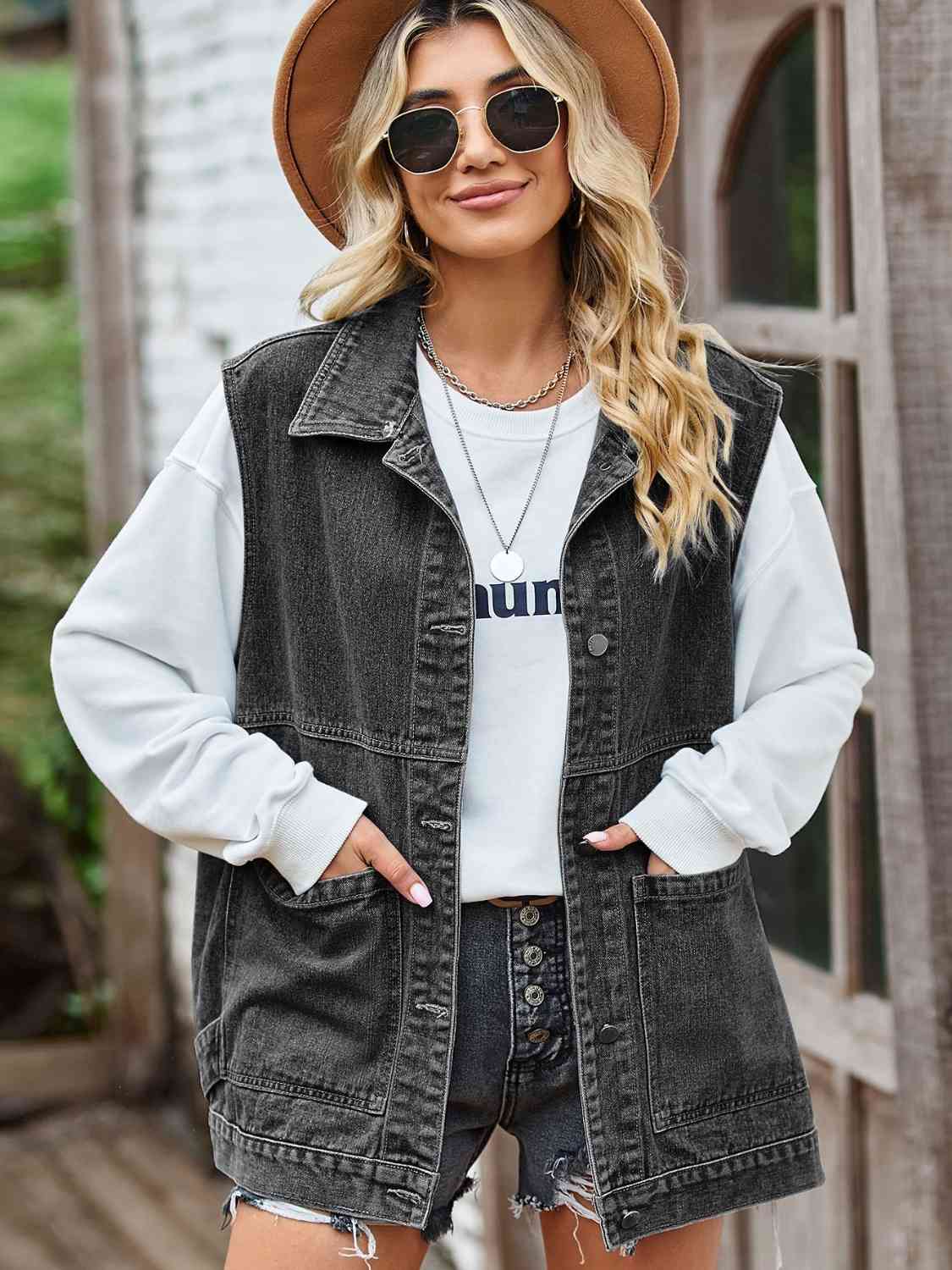 Button Front Sleeveless Denim Jacket BLUE ZONE PLANET