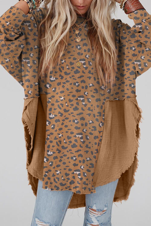 Blue Zone Planet | Textured Leopard Dropped Shoulder Blouse BLUE ZONE PLANET