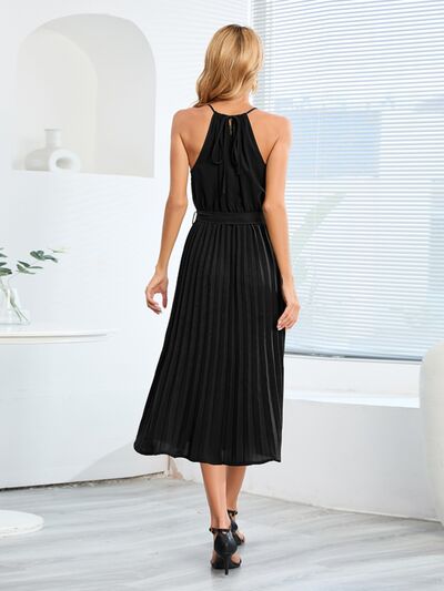 Blue Zone Planet | Pleated Spaghetti Strap Tie Waist Midi Dress BLUE ZONE PLANET