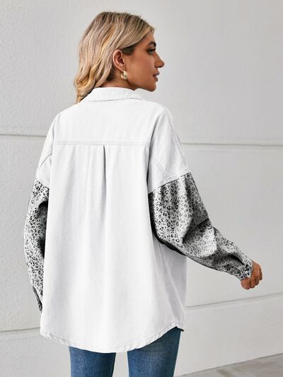 Leopard Button Up Denim Jacket BLUE ZONE PLANET