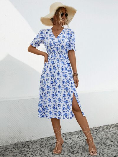 Blue Zone Planet | Slit Printed V-Neck Short Sleeve Dress BLUE ZONE PLANET