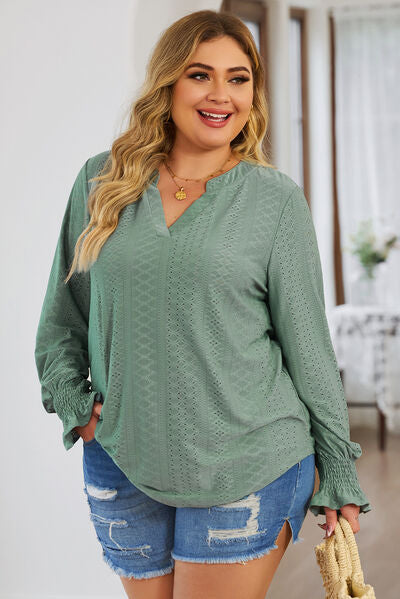 Blue Zone Planet | Plus Size Eyelet Notched Flounce Sleeve Blouse BLUE ZONE PLANET
