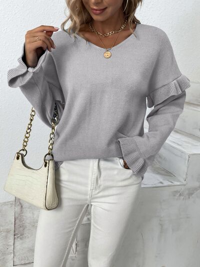 Blue Zone Planet | Ruffled V-Neck Dropped Shoulder Sweater BLUE ZONE PLANET