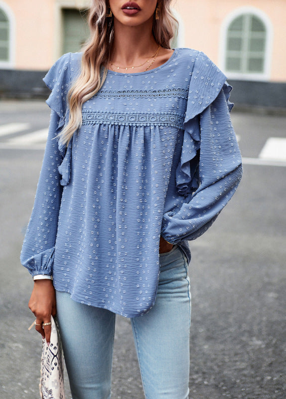 Blue Zone Planet | Elegant lace patchwork long-sleeved top blouse BLUE ZONE PLANET