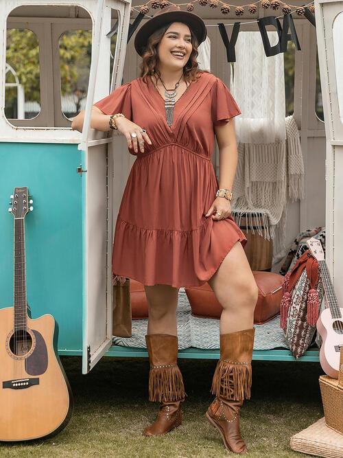 Double Take Plus Size Ruffle Hem V-Neck Short Sleeve Dress BLUE ZONE PLANET