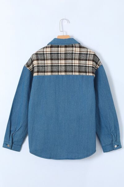 Blue Zone Planet | Plaid Pocketed Button Up Denim Jacket BLUE ZONE PLANET