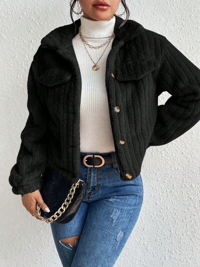 Blue Zone Planet | Fuzzy Button Up Collared Neck Jacket BLUE ZONE PLANET