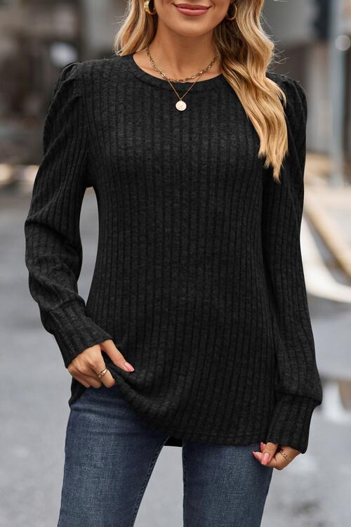 Ribbed Round Neck Long Sleeve Knit Top BLUE ZONE PLANET