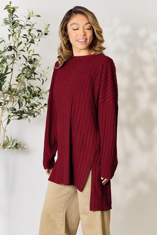 Basic Bae Full Size Ribbed Round Neck Long Sleeve Slit Top BLUE ZONE PLANET