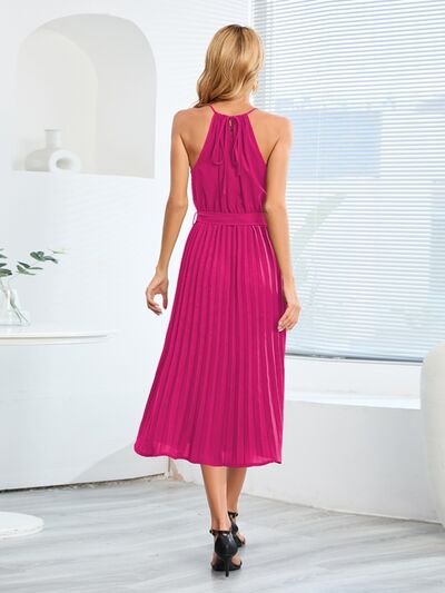 Blue Zone Planet | Pleated Spaghetti Strap Tie Waist Midi Dress BLUE ZONE PLANET