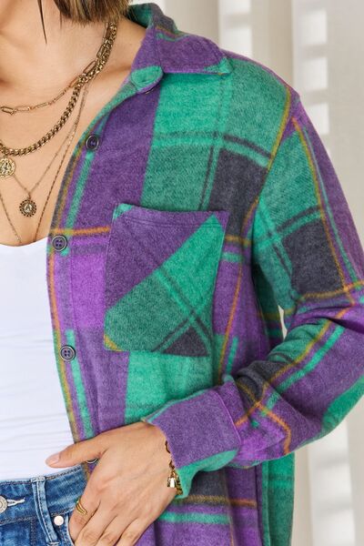 Zenana Plaid Button Up Long Sleeve Shacket BLUE ZONE PLANET