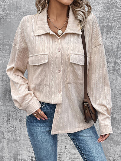 Pocketed Button Up Dropped Shoulder Jacket Trendsi