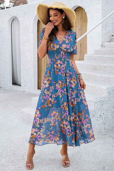 Blue Zone Planet | Smocked Floral V-Neck Short Sleeve Dress BLUE ZONE PLANET