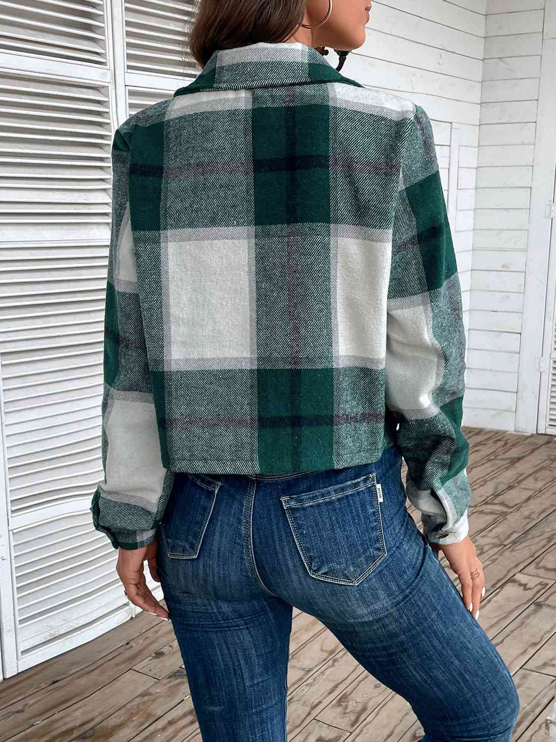 Plaid Collared Neck Button Up Long Sleeve Jacket BLUE ZONE PLANET
