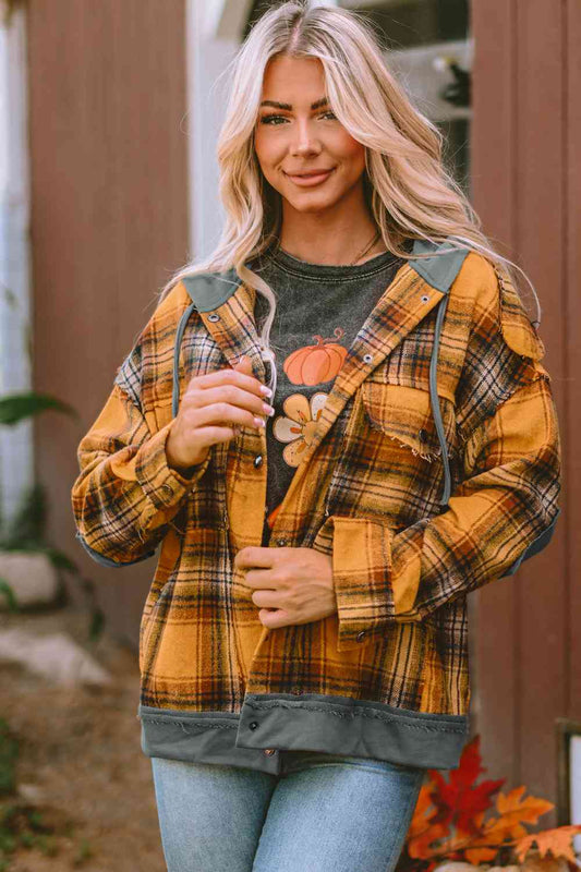 Plaid Hooded Button Front Jacket BLUE ZONE PLANET