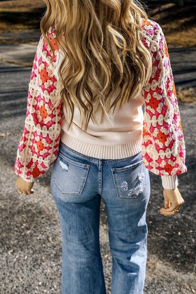 Blue Zone Planet | Flower Element Openwork Round Neck Sweater BLUE ZONE PLANET