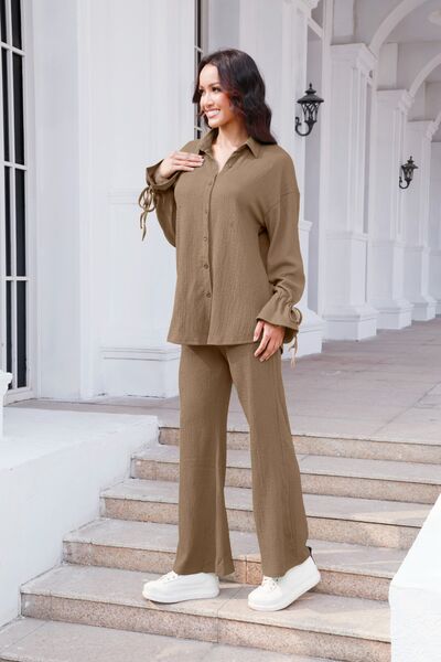 Blue Zone Planet | Drawstring Flounce Sleeve Shirt and Pants Set BLUE ZONE PLANET