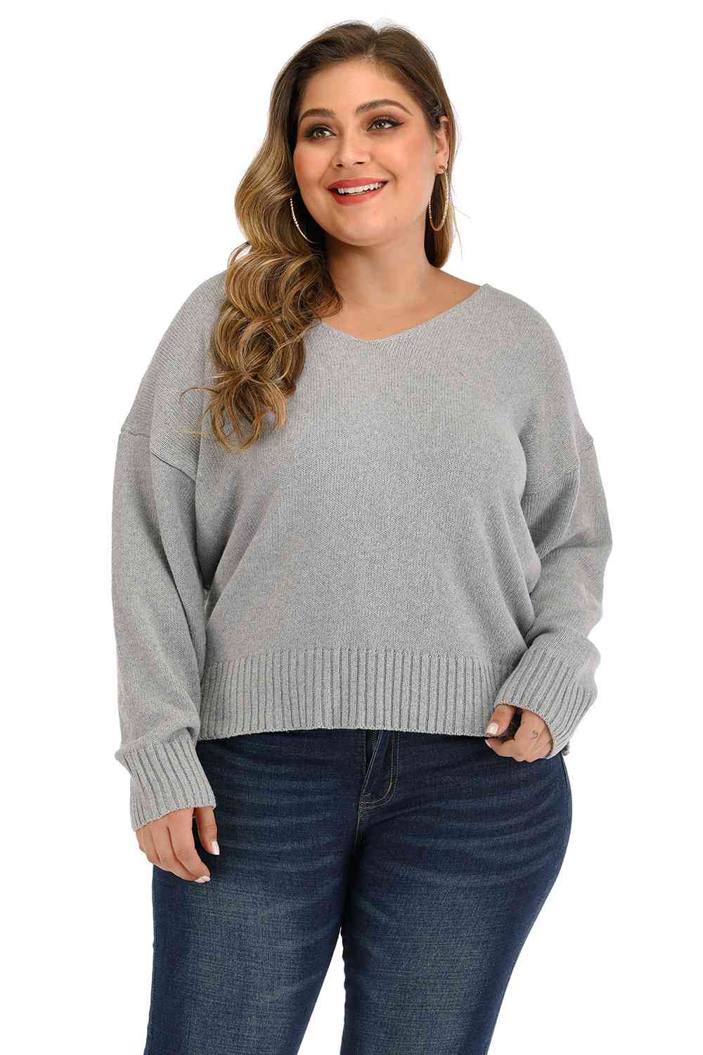 Plus Size V Neck Pullover Sweater BLUE ZONE PLANET