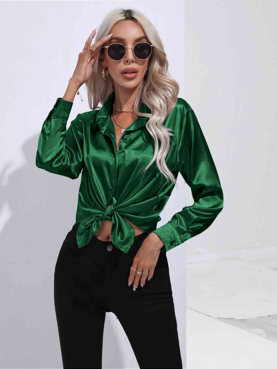 Collared Neck Buttoned Long Sleeve Shirt BLUE ZONE PLANET