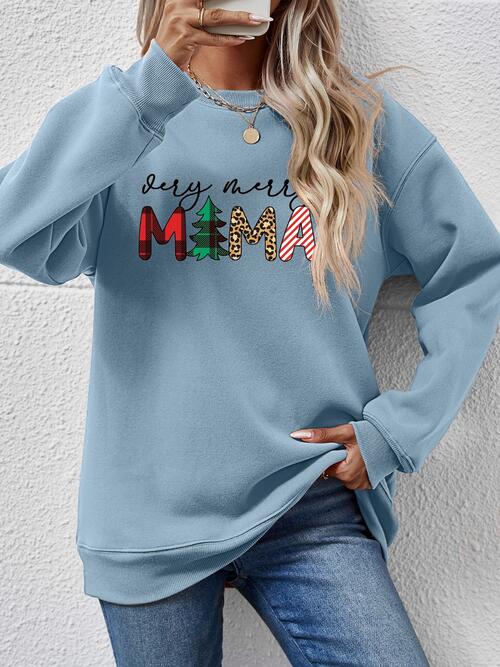 Letter Graphic Round Neck Long Sleeve Sweatshirt BLUE ZONE PLANET