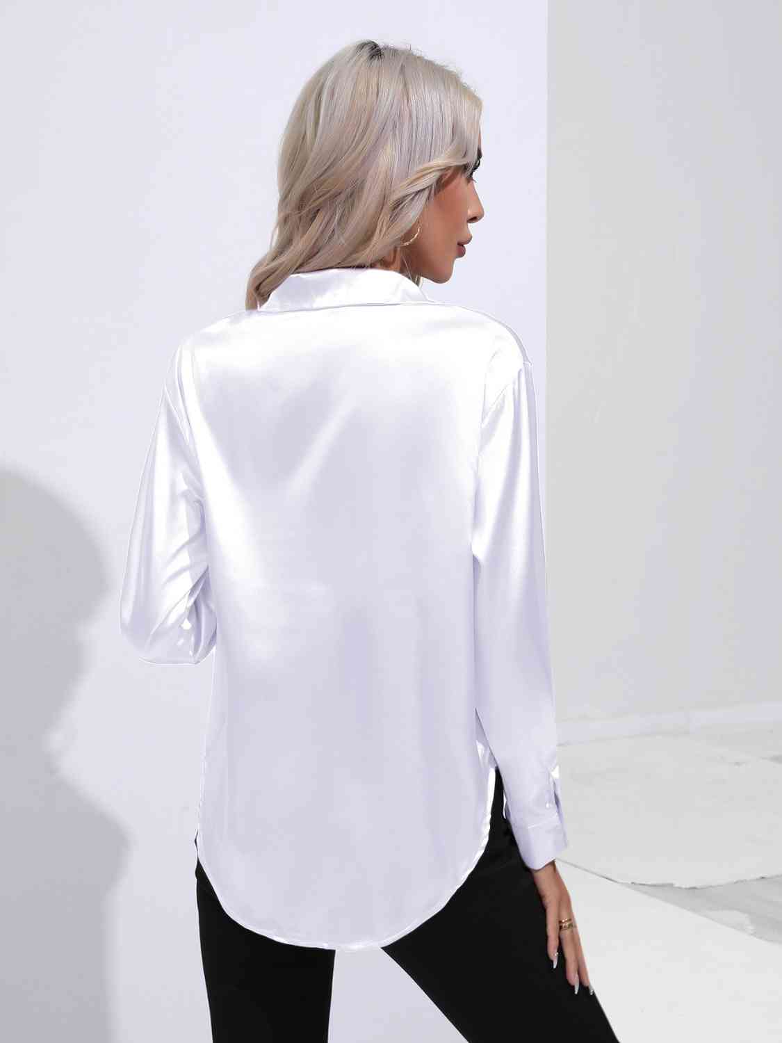 Collared Neck Buttoned Long Sleeve Shirt BLUE ZONE PLANET