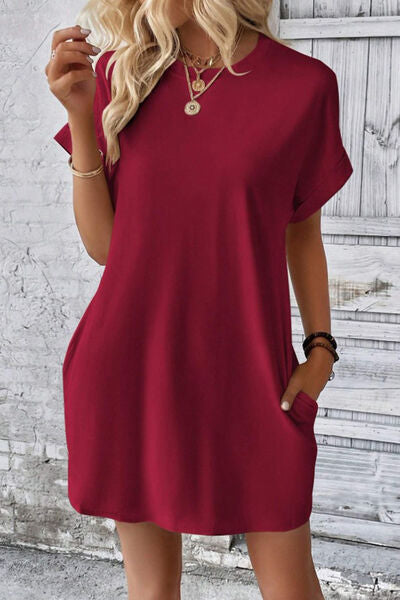 Blue Zone Planet | Pocketed Round Neck Short Sleeve Dress BLUE ZONE PLANET