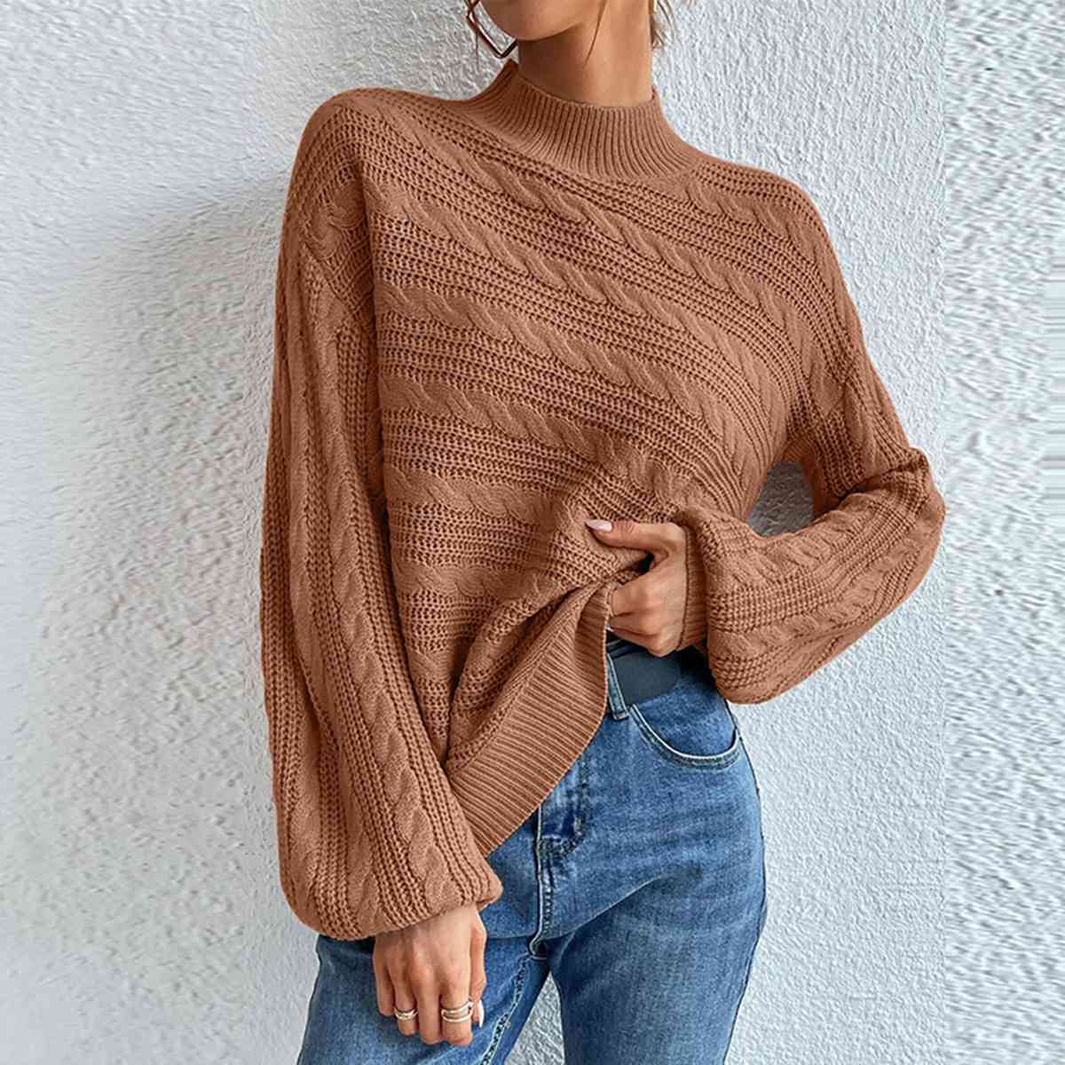 Cable-Knit Mock Neck Long Sleeve Sweater BLUE ZONE PLANET