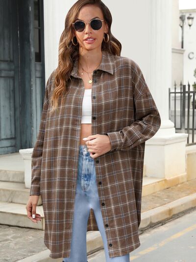 Blue Zone Planet | Plaid Button Up Dropped Shoulder Shirt BLUE ZONE PLANET
