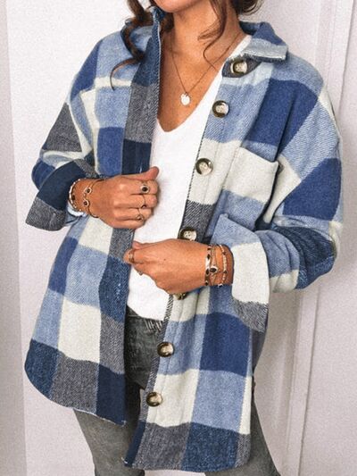 Blue Zone Planet | Plaid Pocketed Dropped Shoulder Button Up Jacket BLUE ZONE PLANET