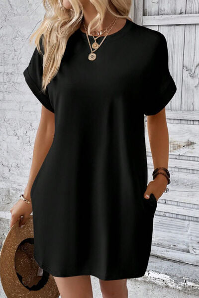 Blue Zone Planet | Pocketed Round Neck Short Sleeve Dress BLUE ZONE PLANET