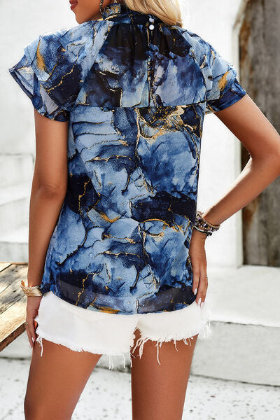 Printed Ruffled Mock Neck Blouse Trendsi