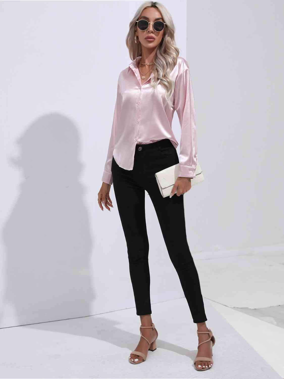 Collared Neck Buttoned Long Sleeve Shirt BLUE ZONE PLANET