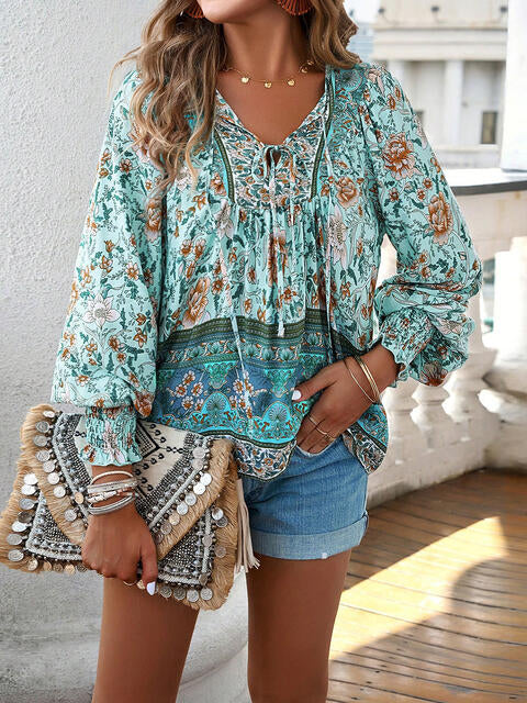 Bohemian Tie Neck Lantern Sleeve Blouse BLUE ZONE PLANET